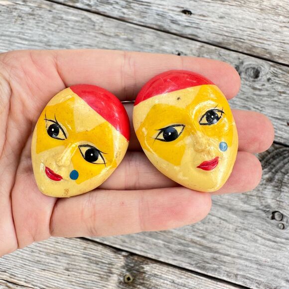 Colorful Face Brooch Yellow Red Art Jewelry Expressive Mask Design and Tear Drop - Picture 1 of 3